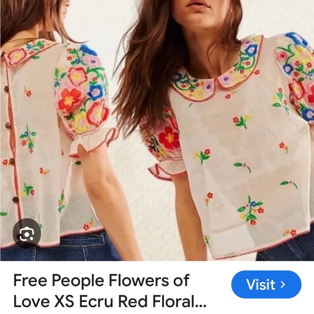 Free People Floral Embroidered Top - Cream and Red
